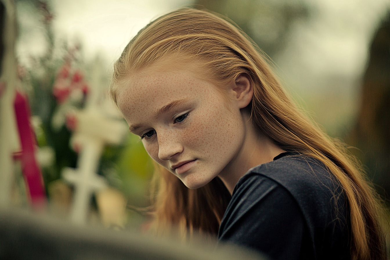 A teen girl staring down in a graveyard | Source: Midjourney