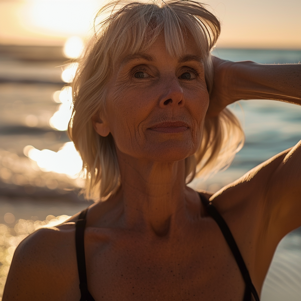 Mature woman in black swimsuit | Source: Midjourney