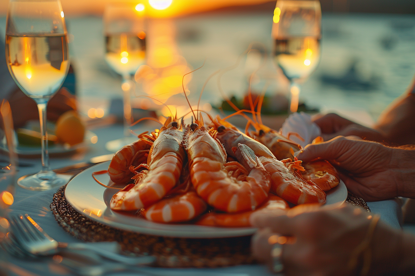 A plate of seafood against the backdrop of a beautiful beach resort | Source: Midjourney