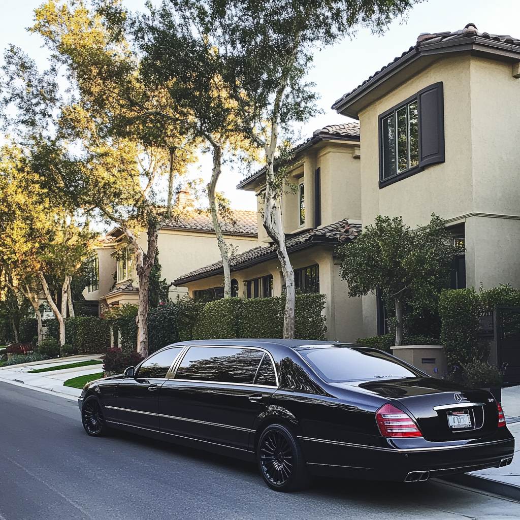 A sleek black limousine parked outside | Source: Midjourney